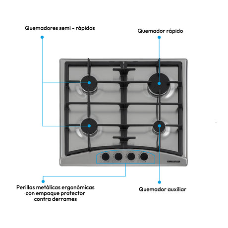 Estufa de Empotrar Challenger Alpha Gris y Negro 58.2x51.2cm de Gas Natural con Cuatro Quemadores - ESTUFAS DE EMPORTRAR Y CUBIERTAS | Bylmo
