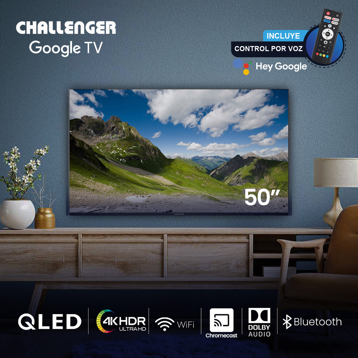 Televisor Challenger Google TV Negro 111.2x67.2cm de 50" Pulgadas Smart QLED 4K con Wifi Integrado y con Bluetooth - TELEVISORES | Bylmo