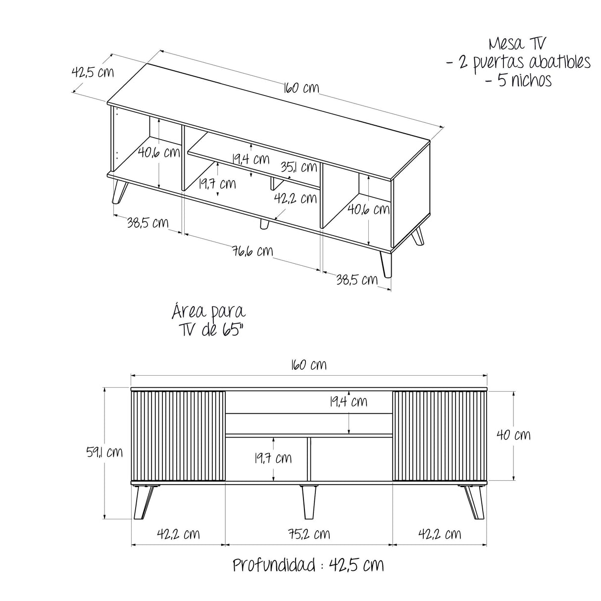 Mesa para TV Nori Panela 160x59cm para TV Hasta 65" Pulgadas con Dos Compartimientos y con Ranuras para Cables - MUEBLES DE TV | Bylmo