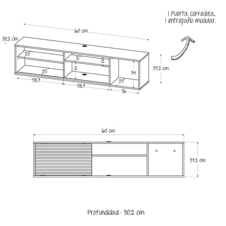 Mesa para TV Flotante Nori Milan 160x37cm para TV Hasta 65" Pulgadas con Un Compartimiento - MUEBLES DE TV | Bylmo