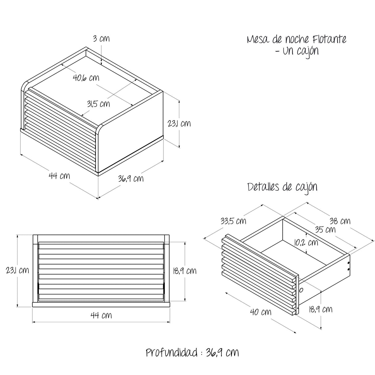 Mesa de Noche Flotante Nori Miel 43x23cm con Un Cajón y Un Compartimiento - MESAS DE NOCHE | Bylmo