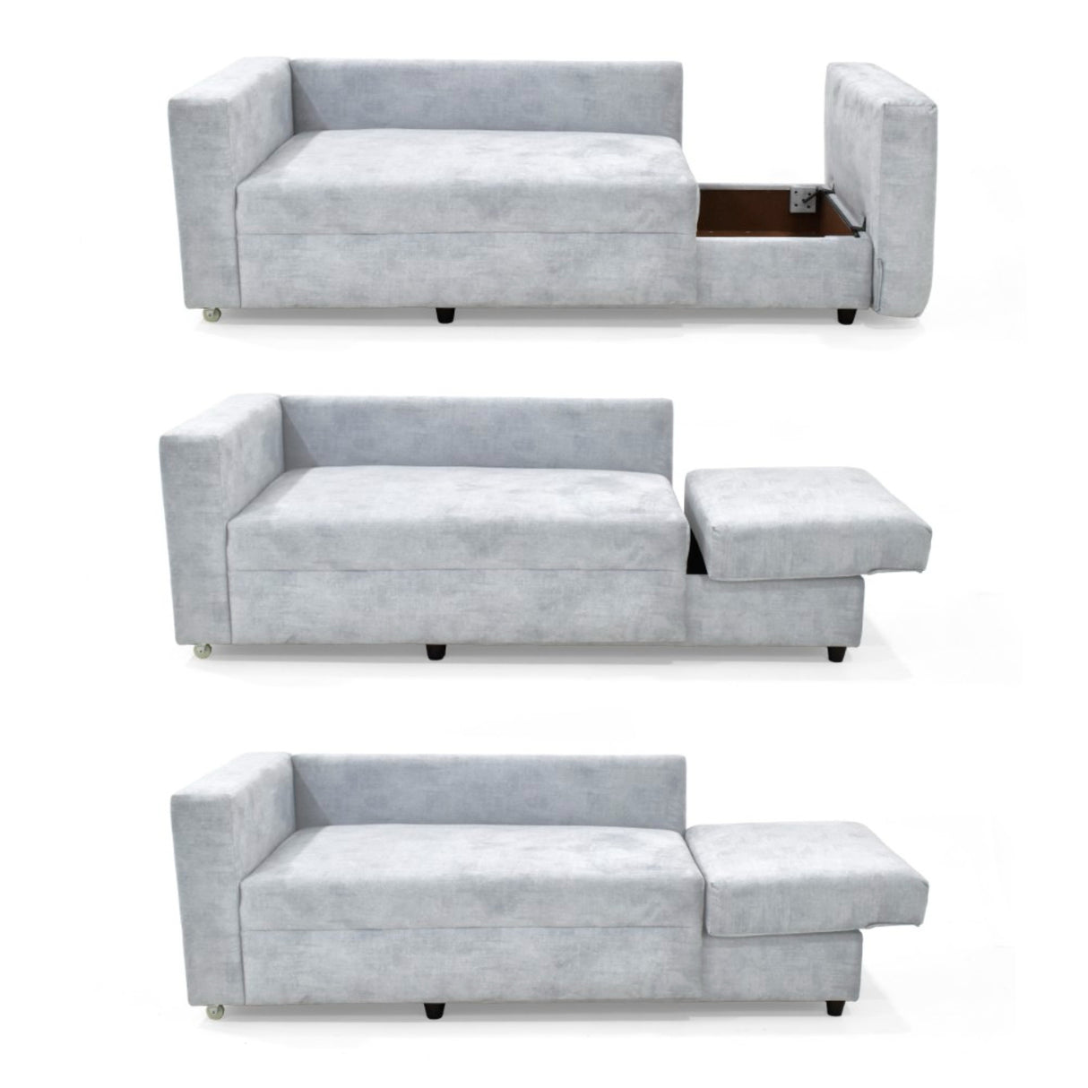 Sofá Cama Baxter Plata y Matiz Wengue 160x68cm de Tres Puestos con Almacenamiento y con Apoya Brazos - SOFAS Y POLTRONAS | Bylmo