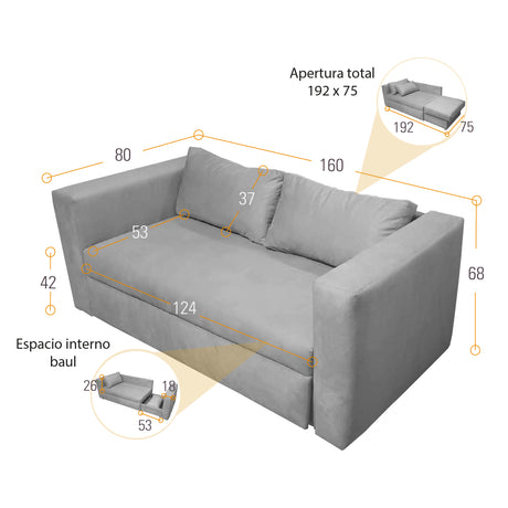 Sofá Cama Baxter Plata y Matiz Wengue 160x68cm de Tres Puestos con Almacenamiento y con Apoya Brazos - SOFAS Y POLTRONAS | Bylmo
