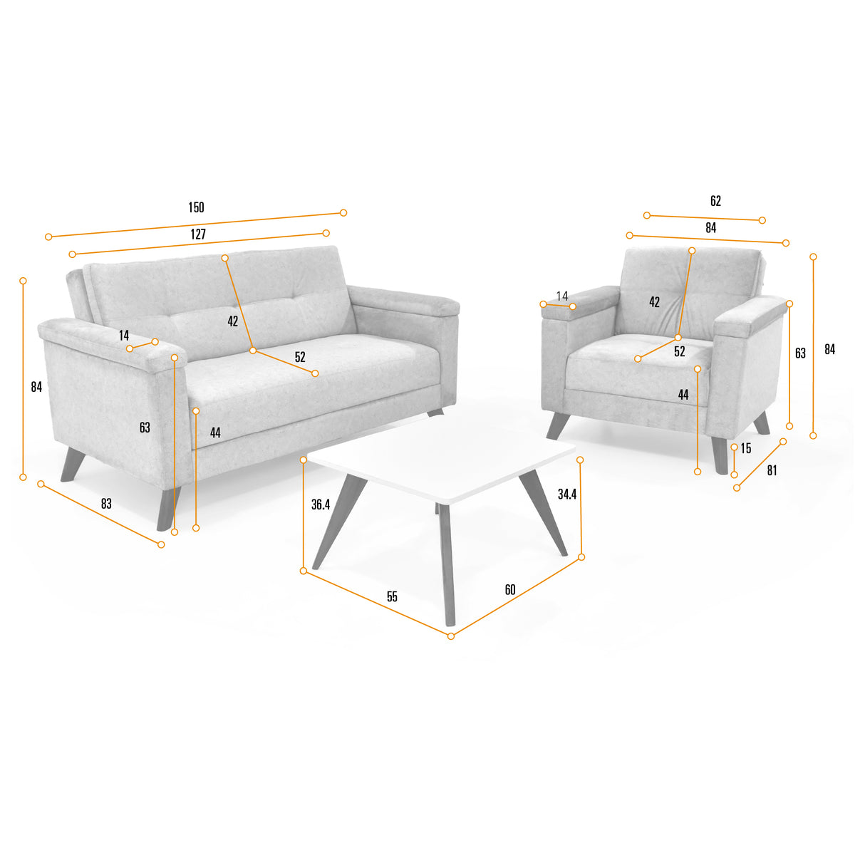 Sala Carter Gris y Blanco 150x84cm de Tres Puestos y con Apoya Brazos - SOFAS Y POLTRONAS | Bylmo