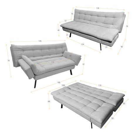 Sofá Cama Milan Taupe y Negro Metálico 176x78cm de Tres Puestos y Sin Apoya Brazos - SOFAS Y POLTRONAS | Bylmo