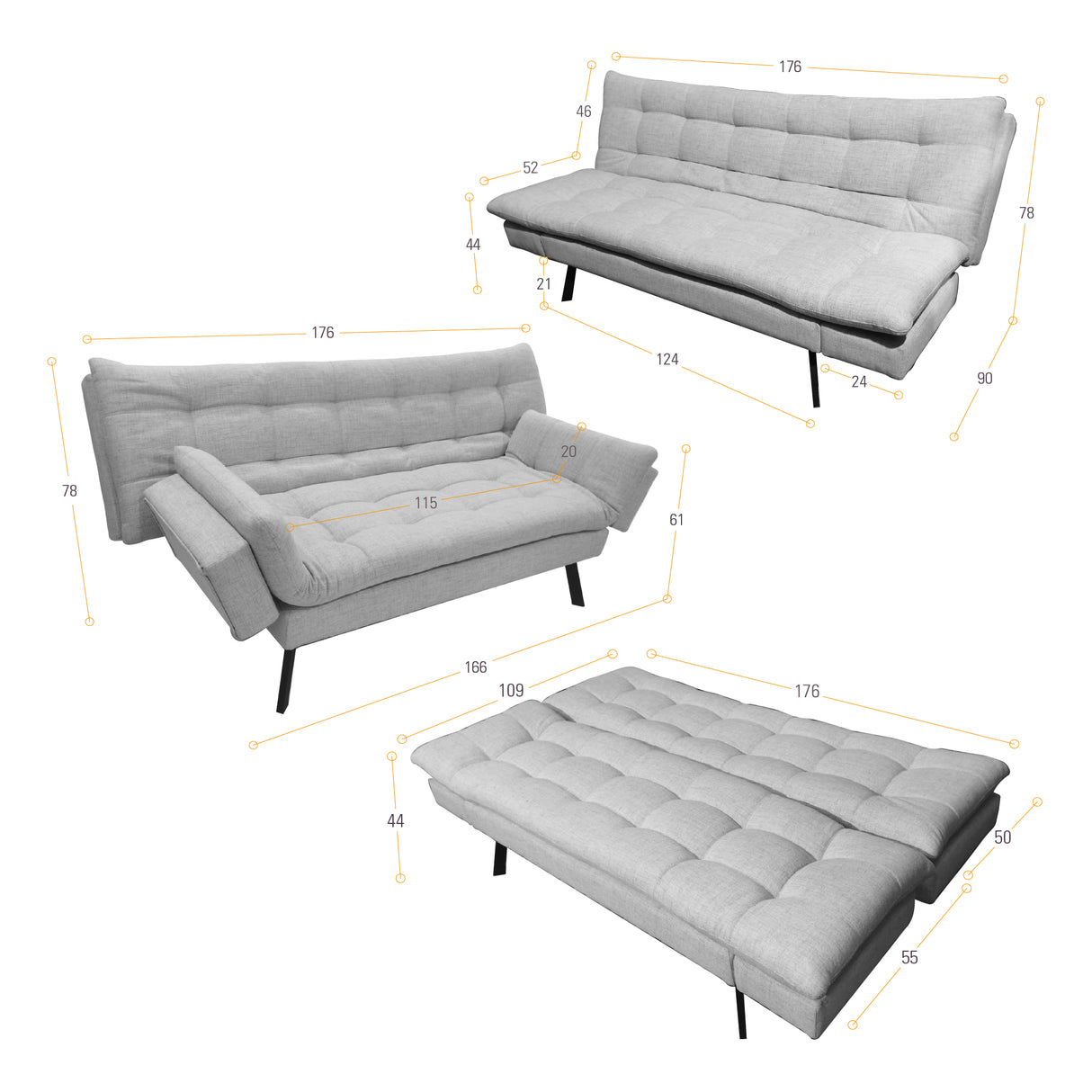 Sofá Cama Milan Gris y Negro Metálico 176x78cm de Tres Puestos y Sin Apoya Brazos - SOFAS Y POLTRONAS | Bylmo