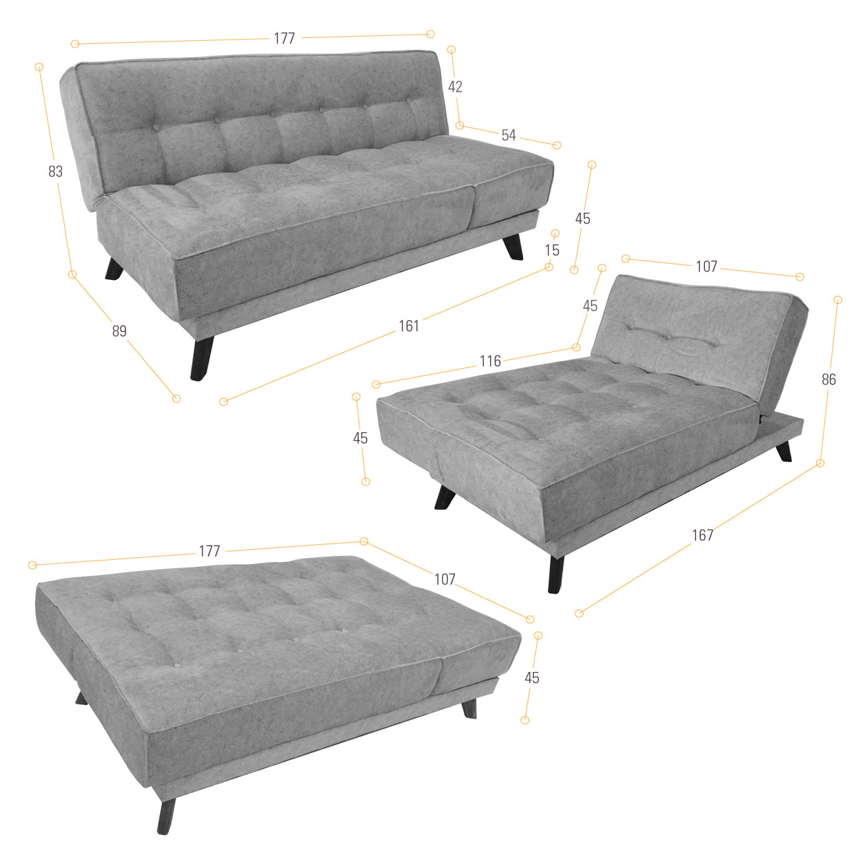 Sofá Cama Petra Plata y Matiz Caoba 177x83cm de Tres Puestos y Sin Apoya Brazos - SOFAS Y POLTRONAS | Bylmo