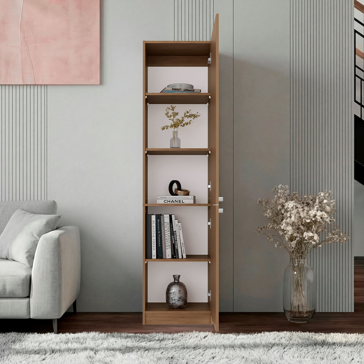 Estantería Home Fresno y Blanco 45x180.6cm Rectangular con Tres Entrepaños y Dos Puertas - BIBLIOTECAS Y ESTANTERIAS | Bylmo