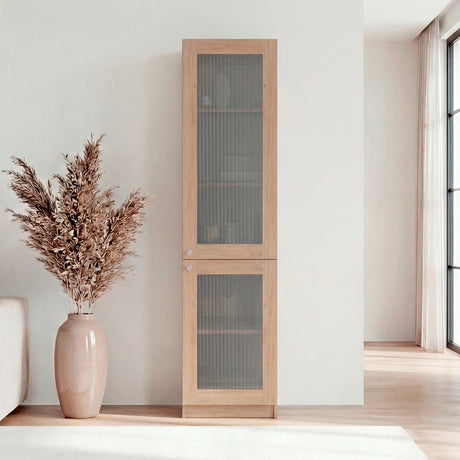 Estantería Home Fresno y Blanco 45x180.6cm Rectangular con Tres Entrepaños y Dos Puertas con Vidrio - BIBLIOTECAS Y ESTANTERIAS | Bylmo