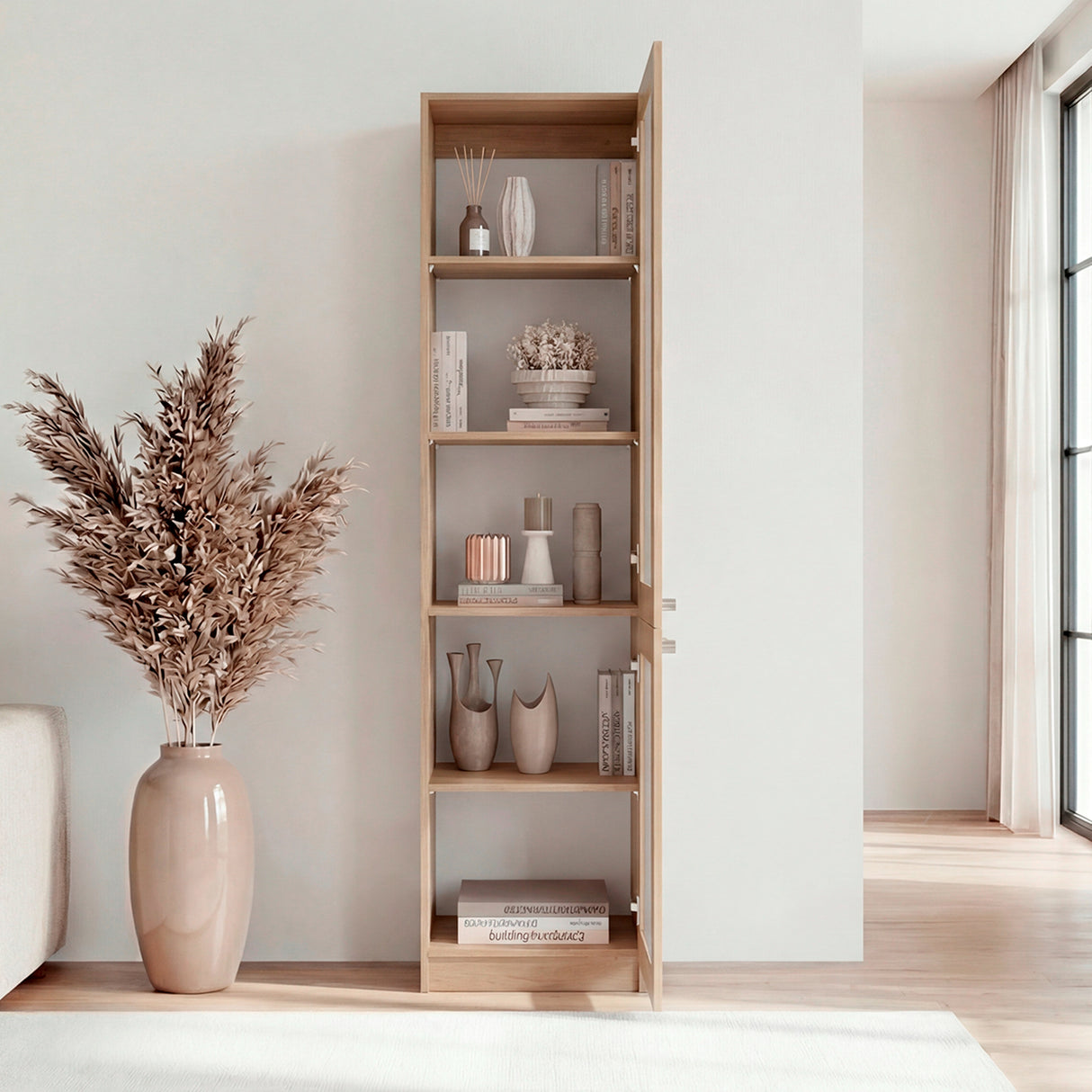 Estantería Home Fresno y Blanco 45x180.6cm Rectangular con Tres Entrepaños y Dos Puertas con Vidrio - BIBLIOTECAS Y ESTANTERIAS | Bylmo