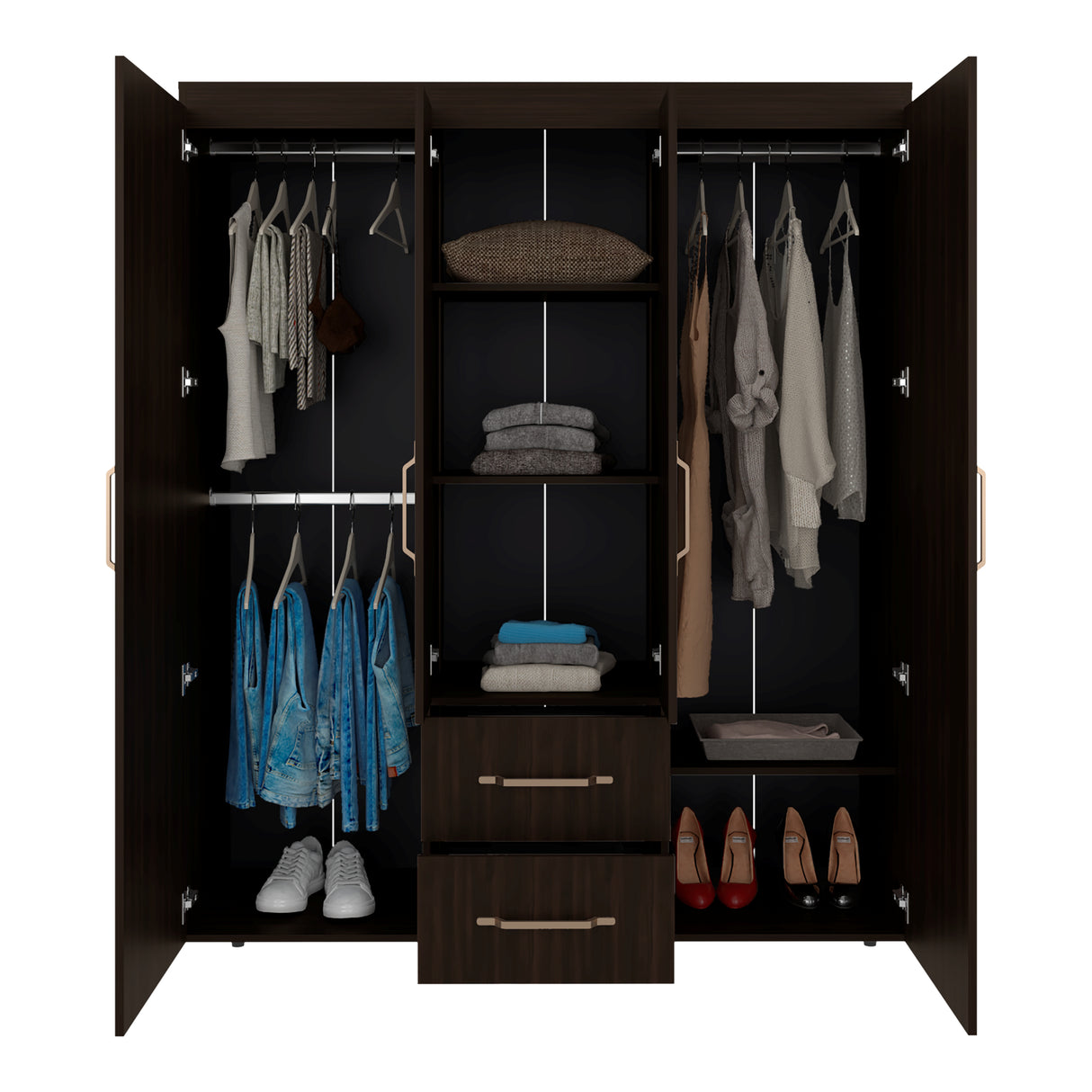 Closet Bariloche Nogal 150.3x177.9cm con Cuatro Puertas y con Dos Cajones - CLOSETS | Bylmo