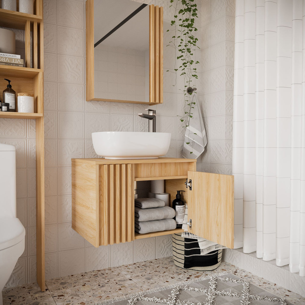 Mueble para Lavamanos Nori Miel 60x41.5cm Flotante Individual sin Lavamanos con Un Cajón y Dos Puertas - MUEBLES PARA LAVAMANOS | Bylmo