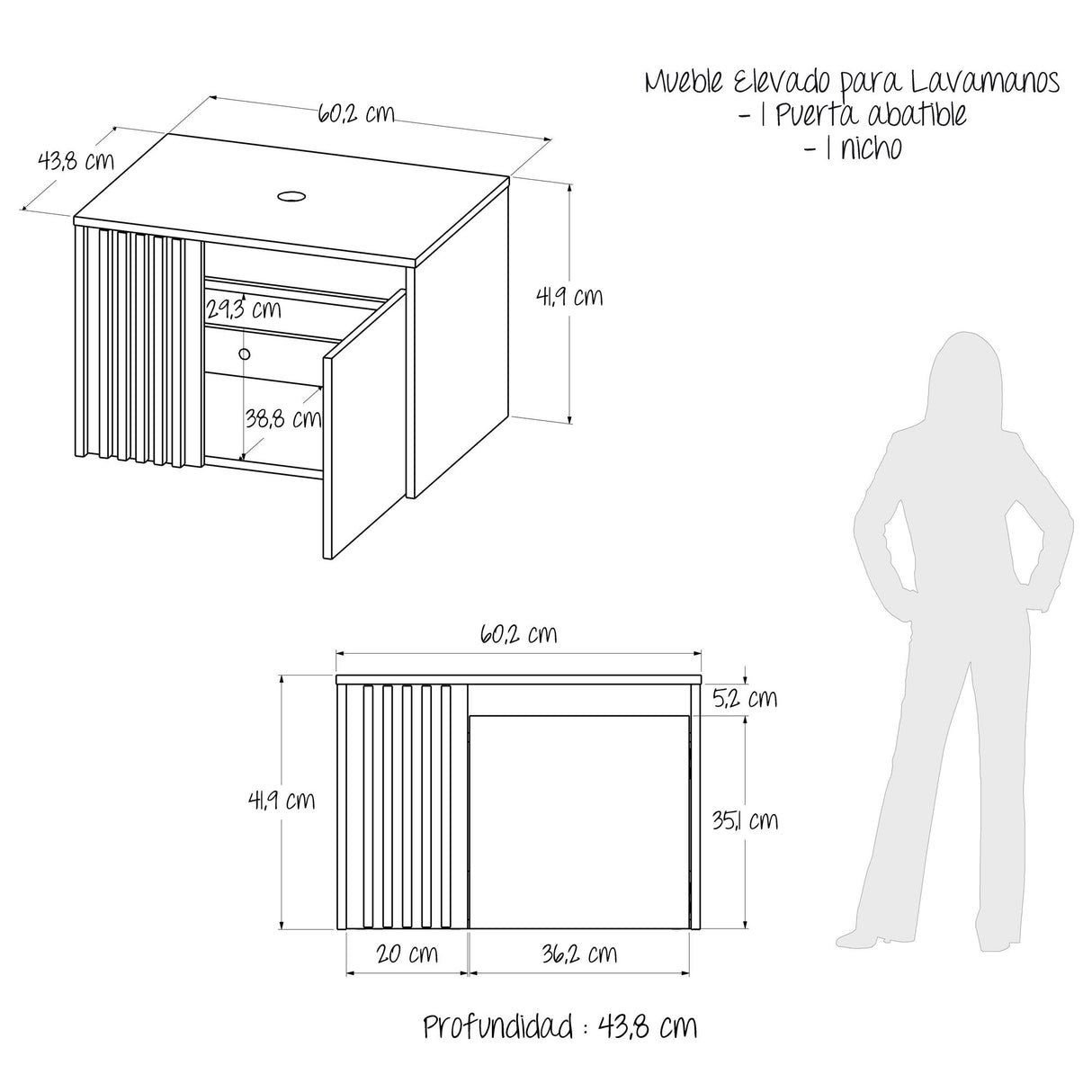 Mueble para Lavamanos Nori Miel 60x41.5cm Flotante Individual sin Lavamanos con Un Cajón y Dos Puertas - MUEBLES PARA LAVAMANOS | Bylmo