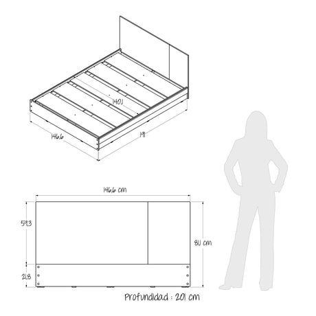 Base Cama Florencia Gales y Wengue 146x81cm para Cama Doble 140 X 200 Cm con Cabecero - CAMAS | Bylmo