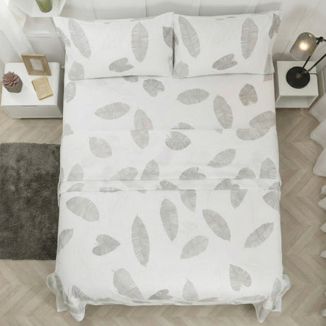 Juego de Sabanas Leaf Gray Blanco para colchón Semidoble 120 X 190 Cm 200 Hilos Con Elastico - SABANAS | Bylmo