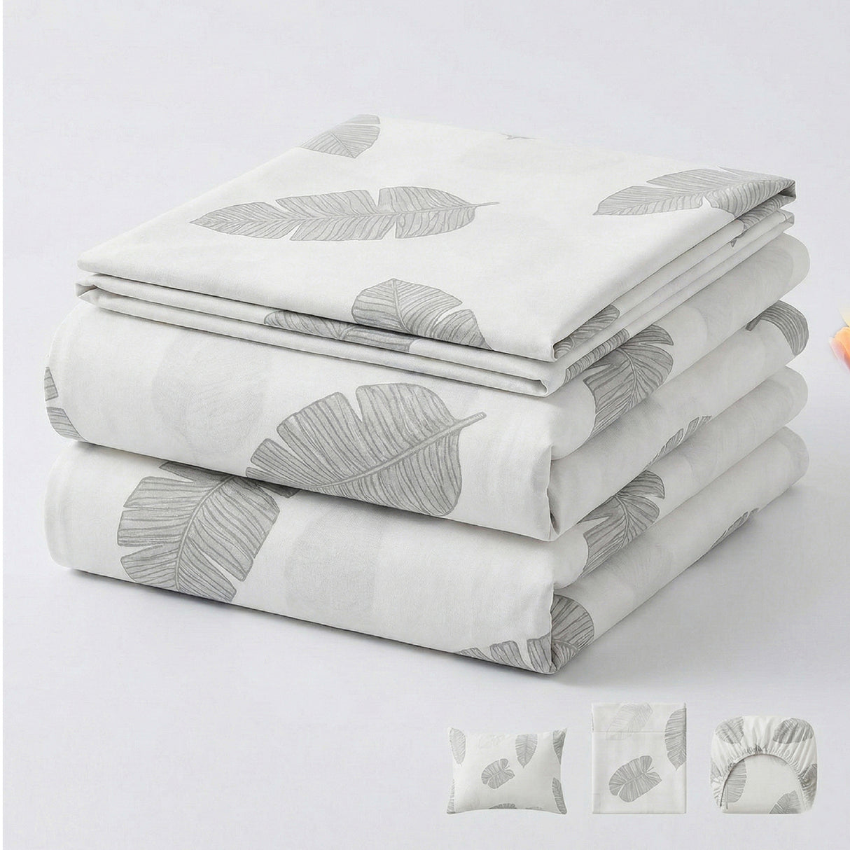 Juego de Sabanas Leaf Gray Blanco para colchón Doble 140 X 190 Cm 200 Hilos Con Elastico - SABANAS | Bylmo
