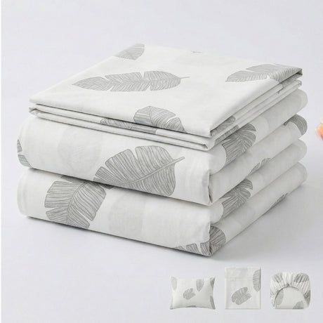 Juego de Sabanas Leaf Gray Blanco para colchón Doble 140 X 190 Cm 200 Hilos Con Elastico - SABANAS | Bylmo