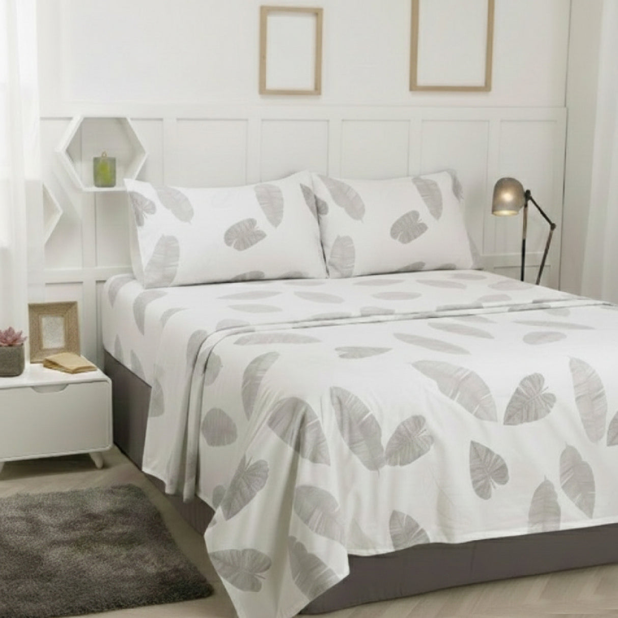 Juego de Sabanas Leaf Gray Blanco para colchón King 200 X 200 Cm 200 Hilos Con Elastico - SABANAS | Bylmo
