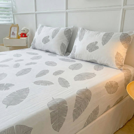 Juego de Sabanas Leaf Gray Blanco para colchón King 200 X 200 Cm 200 Hilos Con Elastico - SABANAS | Bylmo