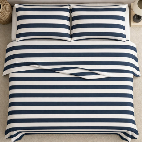 Juego de Sabanas Navy Print Blanco para colchón Queen 160 X 190 Cm 200 Hilos Con Elastico - SABANAS | Bylmo