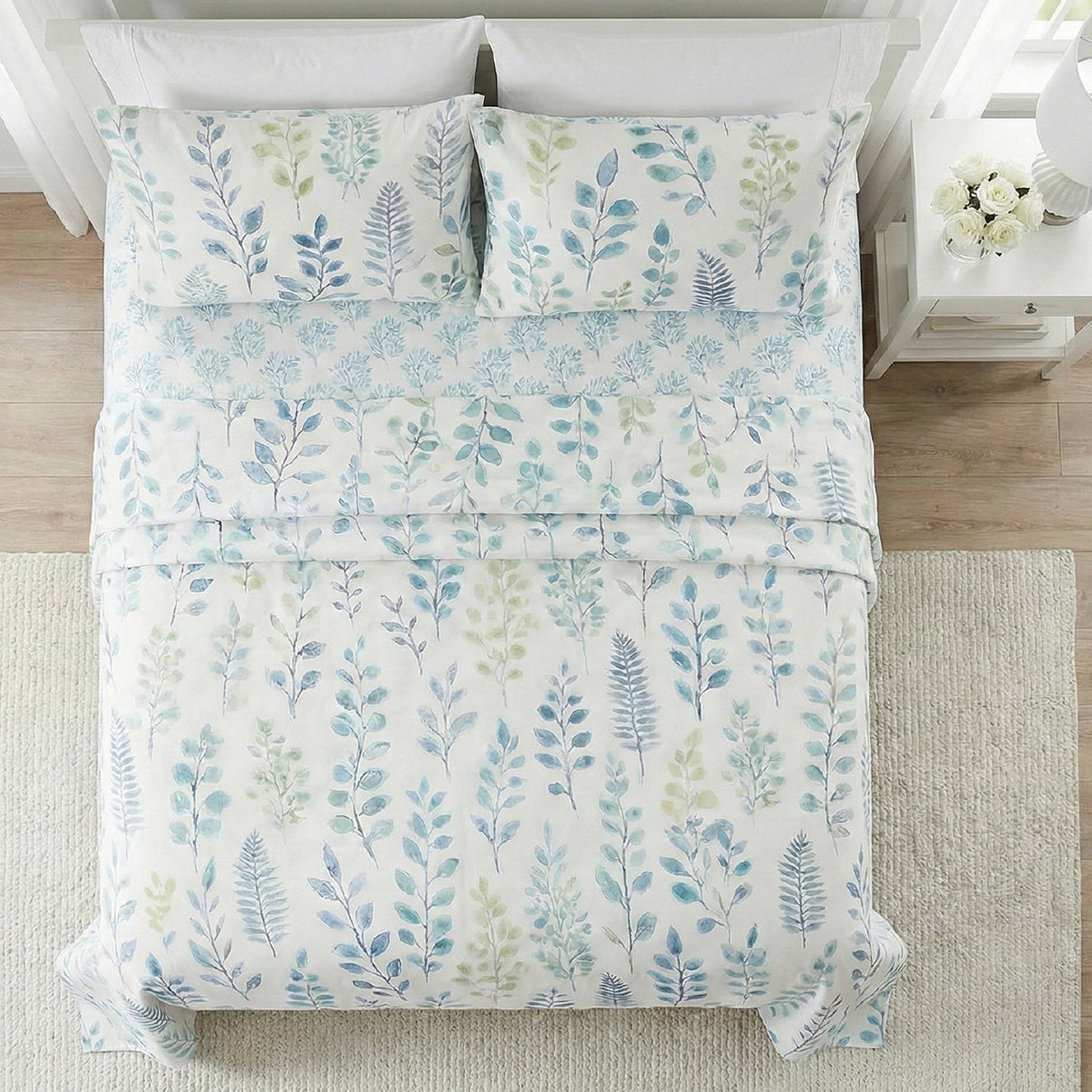 Juego de Sabanas Botanic Print Blanco para colchón Semidoble 120 X 190 Cm 200 Hilos Con Elastico - SABANAS | Bylmo