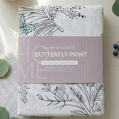 Juego de Sabanas Butterfly Print Blanco para colchón Queen 160 X 190 Cm 200 Hilos Con Elastico - SABANAS | Bylmo