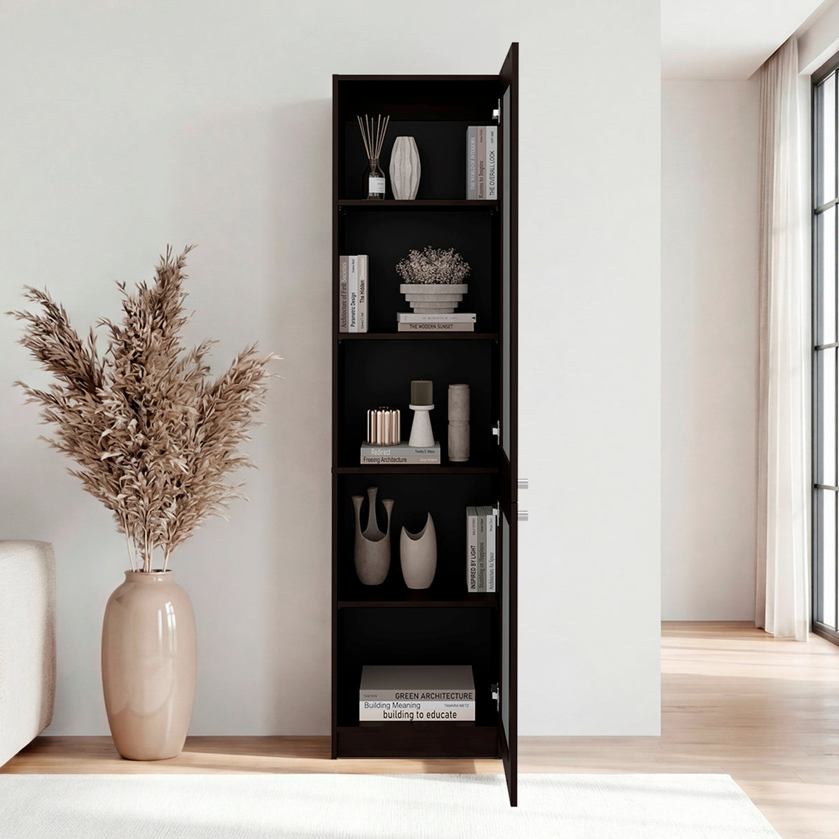 Estantería Home M6 Nogal y Negro 45x180.6cm Rectangular con Tres Entrepaños y Dos Puertas con Vidrio - BIBLIOTECAS Y ESTANTERIAS | Bylmo