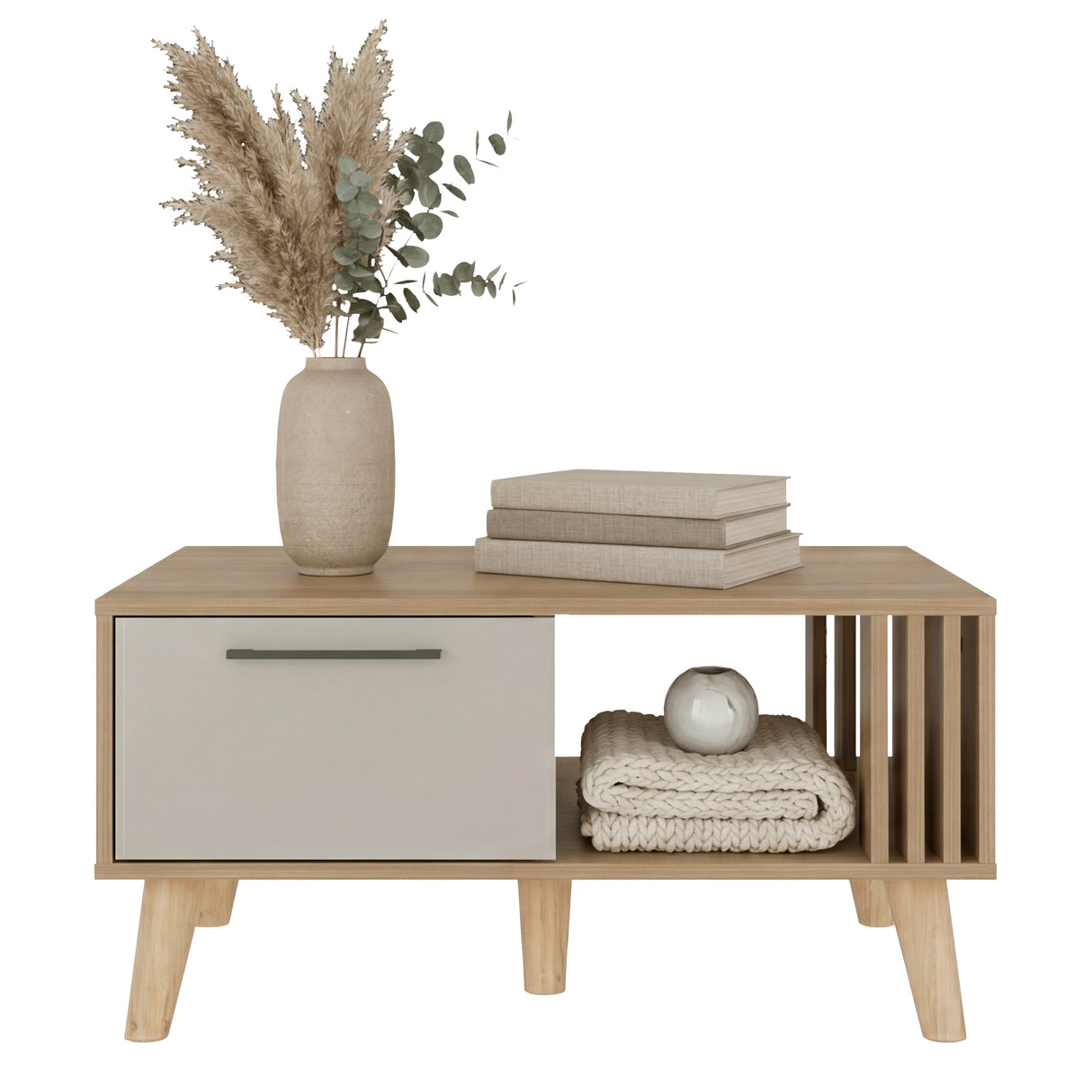 Mesa de Centro Vance Capri y Fresno Europeo 80x40cm Rectangular con Patas y Compartimiento - MESAS DE CENTRO | Bylmo