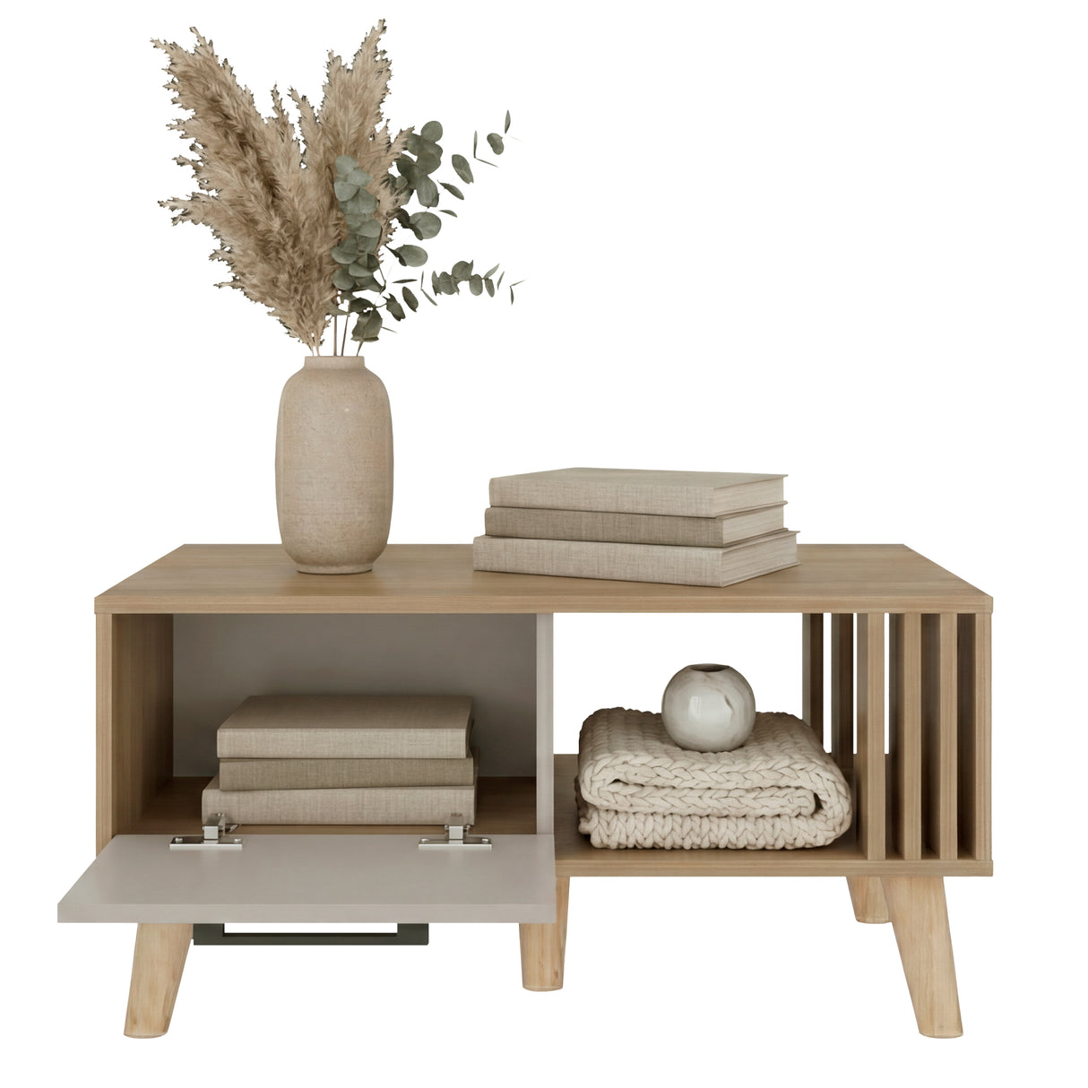 Mesa de Centro Vance Capri y Fresno Europeo 80x40cm Rectangular con Patas y Compartimiento - MESAS DE CENTRO | Bylmo