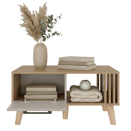 Mesa de Centro Vance Capri y Fresno Europeo 80x40cm Rectangular con Patas y Compartimiento - MESAS DE CENTRO | Bylmo