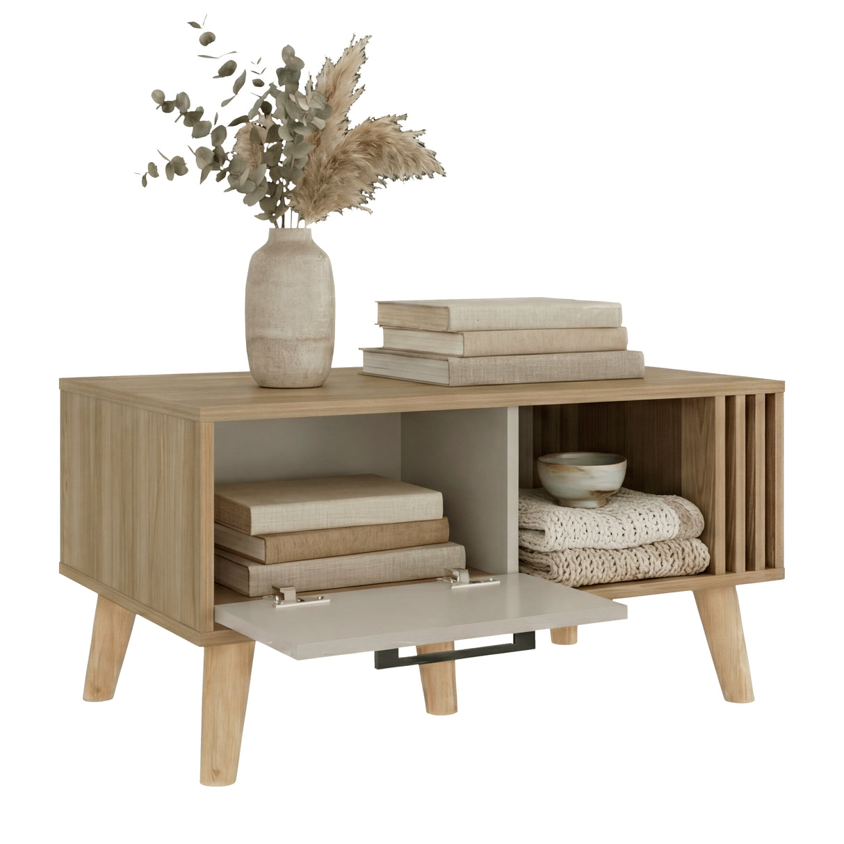 Mesa de Centro Vance Capri y Fresno Europeo 80x40cm Rectangular con Patas y Compartimiento - MESAS DE CENTRO | Bylmo