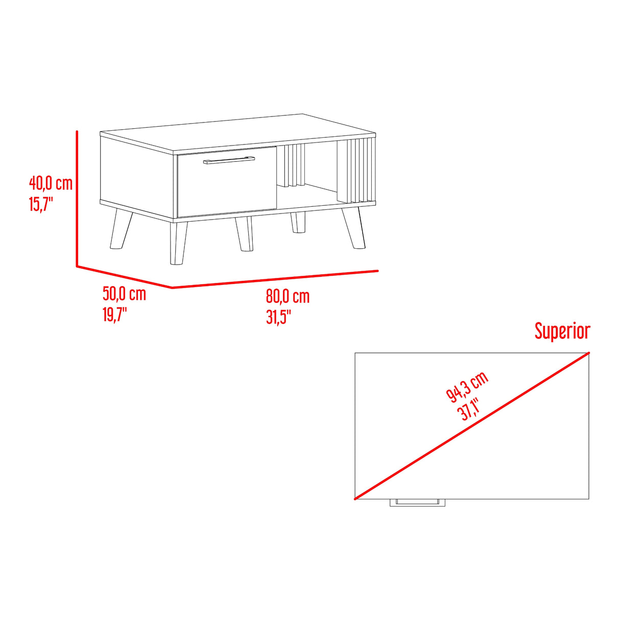 Mesa de Centro Vance Capri y Fresno Europeo 80x40cm Rectangular con Patas y Compartimiento - MESAS DE CENTRO | Bylmo