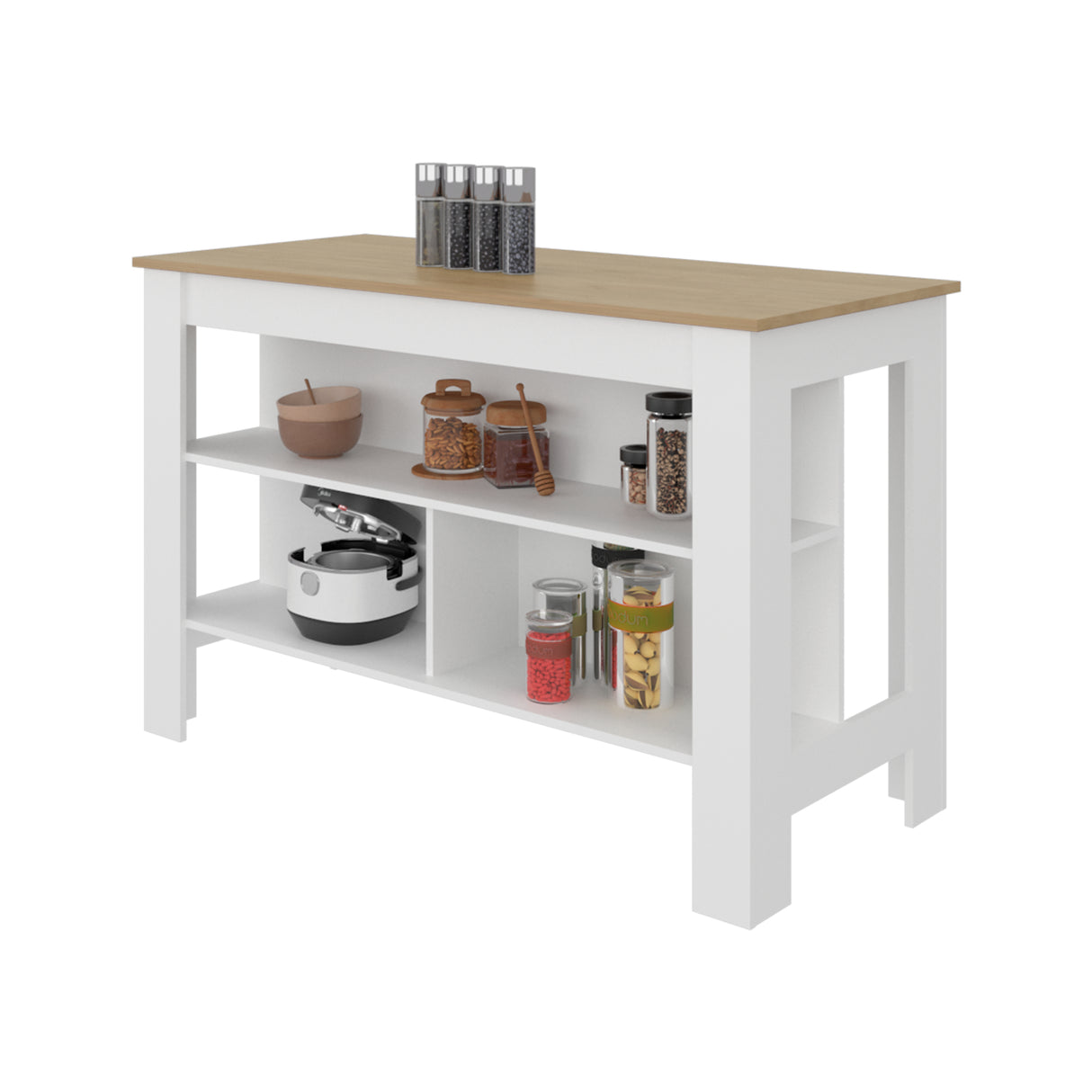 Isla de Cocina Cala Blanco y Fresno 138.3x90cm Con Tres Compartimientos y Un Entrepaño - BARRAS Y MUEBLES AUXILIARES | Bylmo