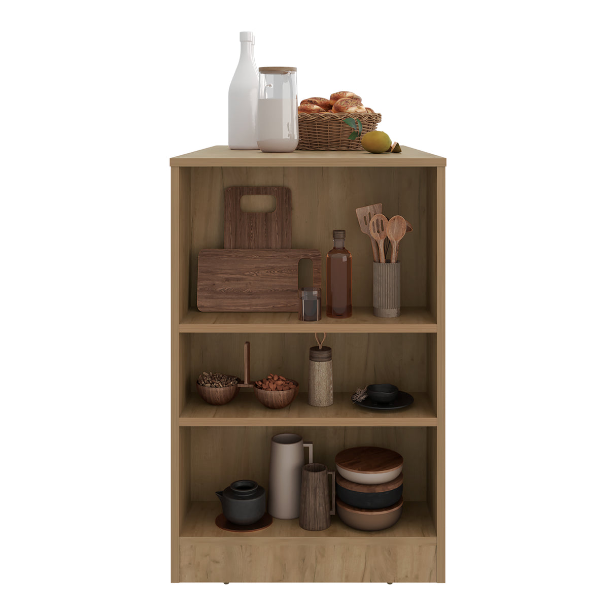 Isla de Cocina Portree Fresno 92x91.3cm Con Tres Compartimientos y Dos Entrepaños - BARRAS Y MUEBLES AUXILIARES | Bylmo