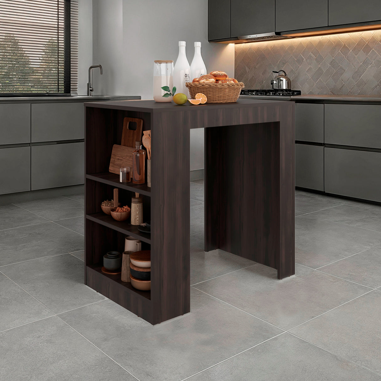 Isla de Cocina Portree Nogal 92x91.3cm Con Tres Compartimientos y Dos Entrepaños - BARRAS Y MUEBLES AUXILIARES | Bylmo