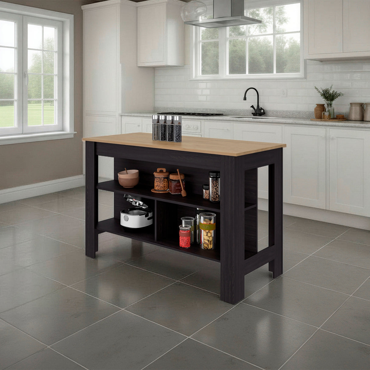 Isla de Cocina Cala Wengue y Fresno 138.3x90cm Con Tres Compartimientos y Un Entrepaño - BARRAS Y MUEBLES AUXILIARES | Bylmo