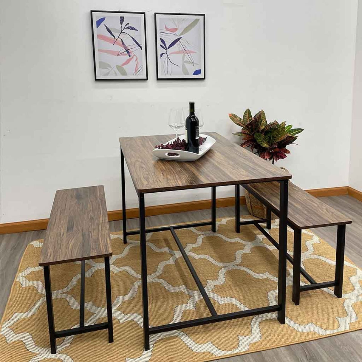 Juego de Comedor Retro Marrón 110x75cm Rectangular de Seis Puestos con Dos Bancos - COMEDORES | Bylmo