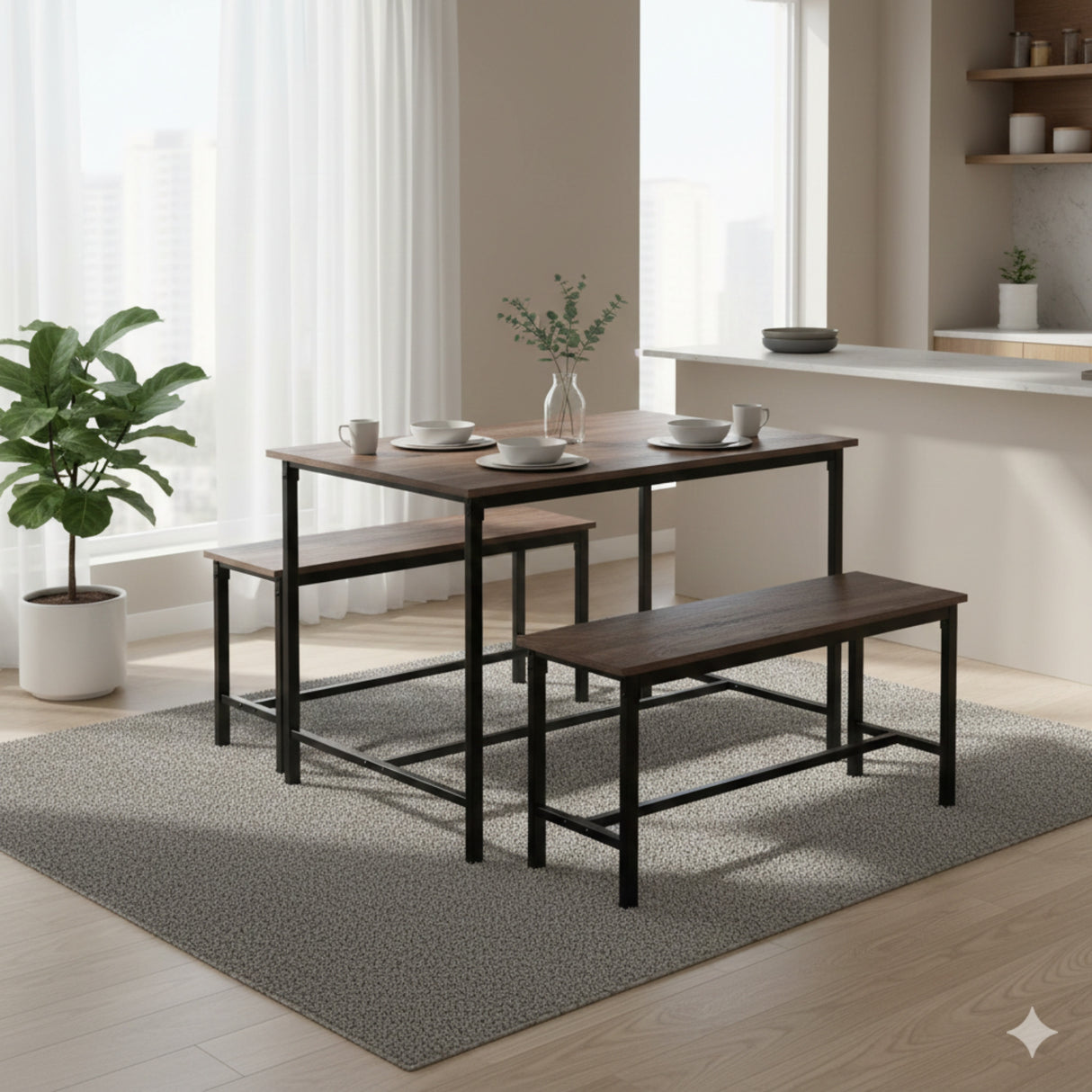 Juego de Comedor Retro Marrón 110x75cm Rectangular de Seis Puestos con Dos Bancos - COMEDORES | Bylmo