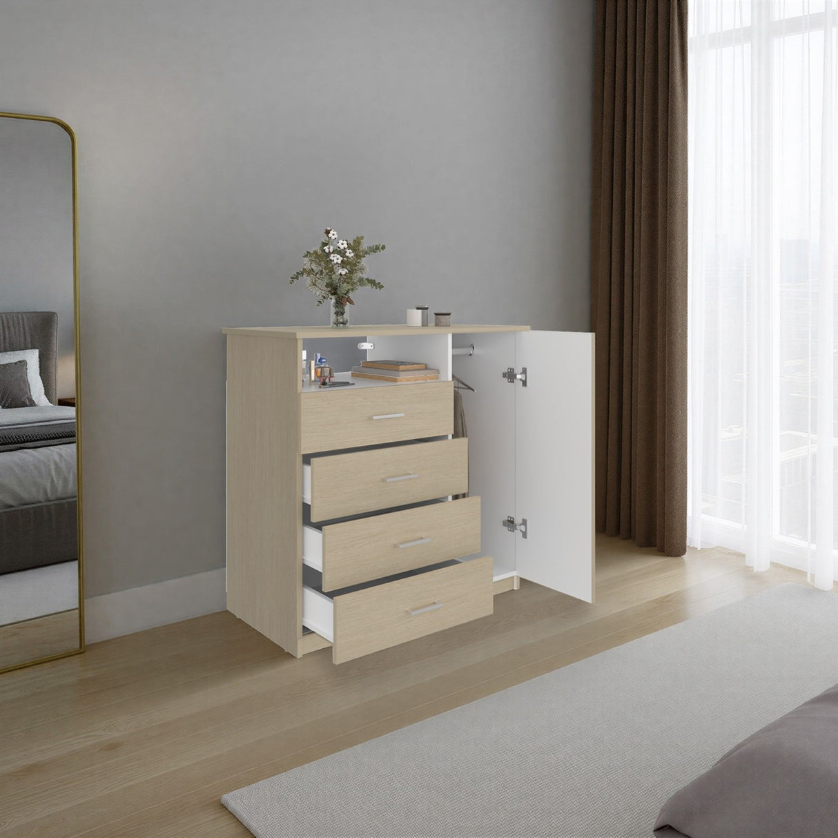 Cómoda Z 91 Cartagena y Blanco 91x88.6cm De Cuatro Hileras con Cuatro Cajones y con Espacio para TV