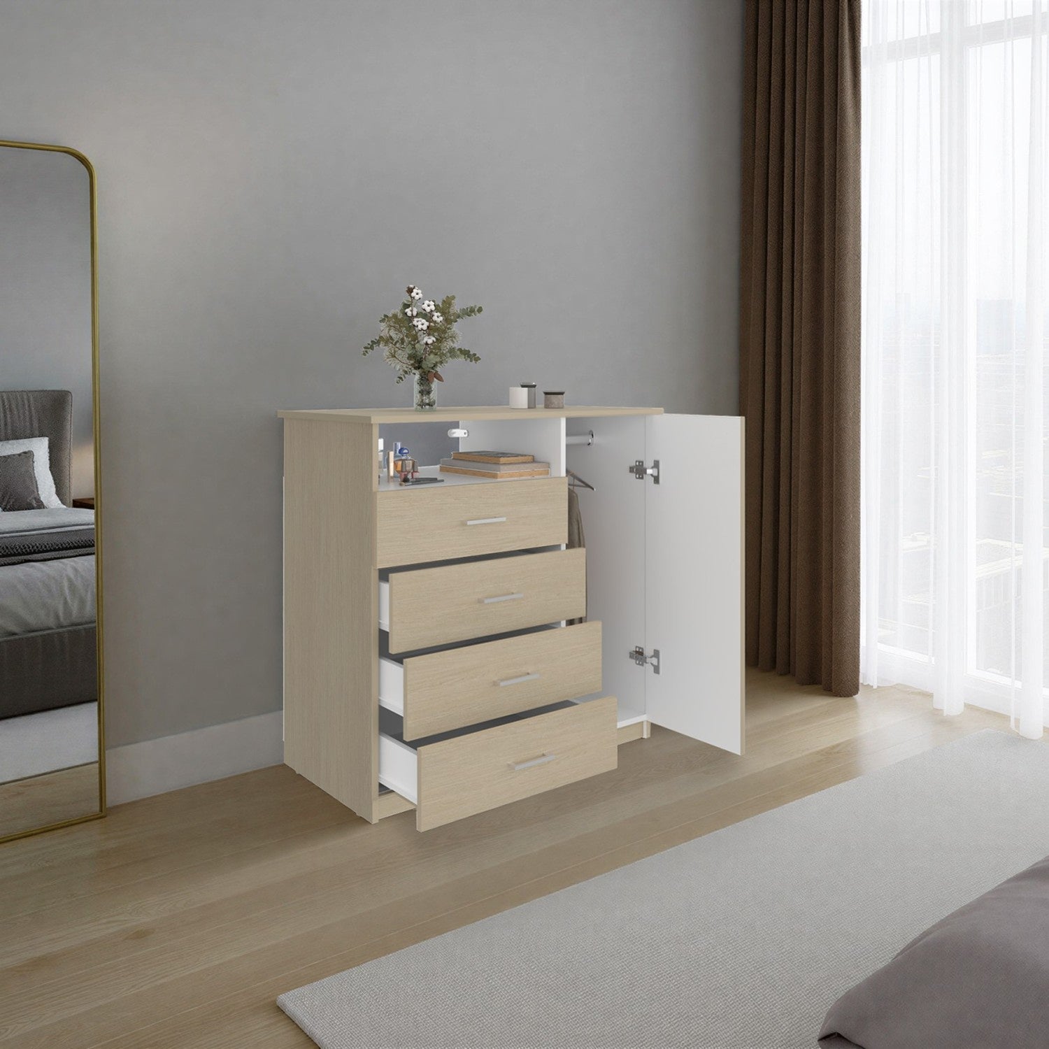 Cómoda Z 91 Cartagena y Blanco 91x88.6cm De Cuatro Hileras con Cuatro Cajones y con Espacio para TV