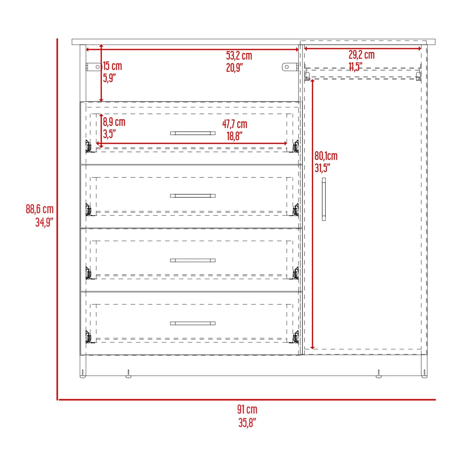 Cómoda Z 91 Cartagena y Blanco 91x88.6cm De Cuatro Hileras con Cuatro Cajones y con Espacio para TV