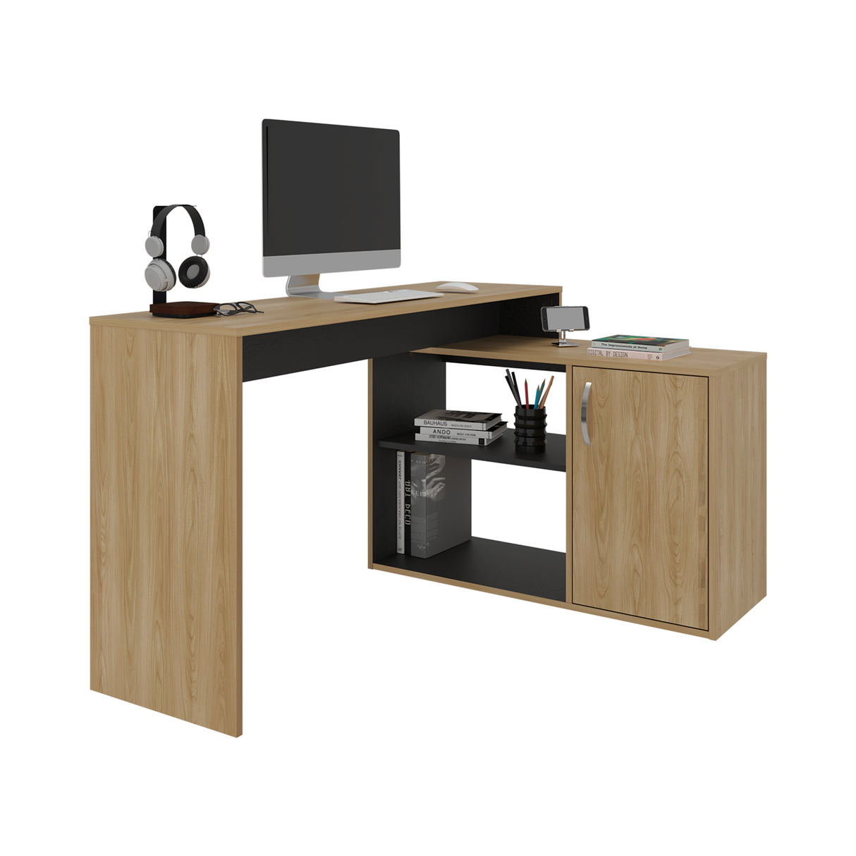 Escritorio en L Axis Eco Fresno y Wengue 125x71cm con Organizador de Libros y sin Cajones - ESCRITORIOS | Bylmo