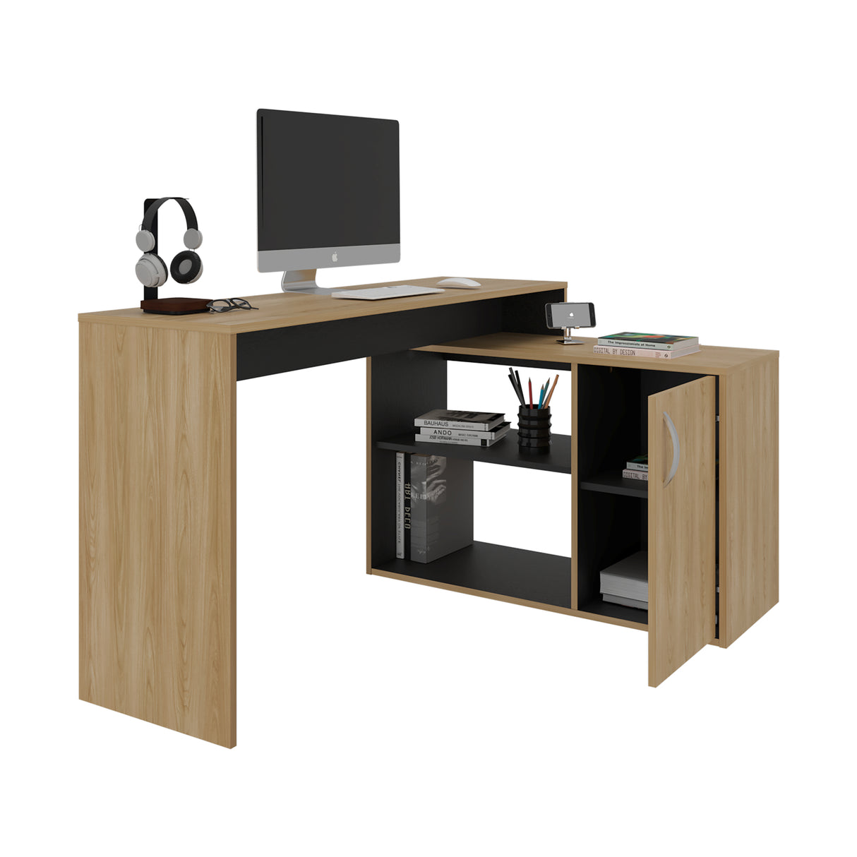 Escritorio en L Axis Eco Fresno y Wengue 125x71cm con Organizador de Libros y sin Cajones - ESCRITORIOS | Bylmo