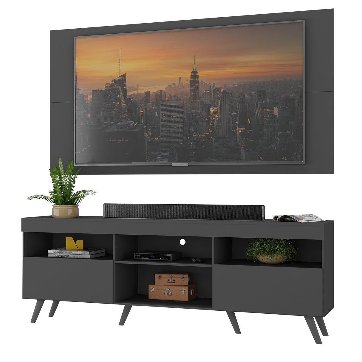 Combo Rack con Panel de Tv Florida Negro 175x63cm para Tv Hasta 65" Pulgadas con Dos Cajones y con Cuatro Compartimientos - MUEBLES DE TV | Bylmo