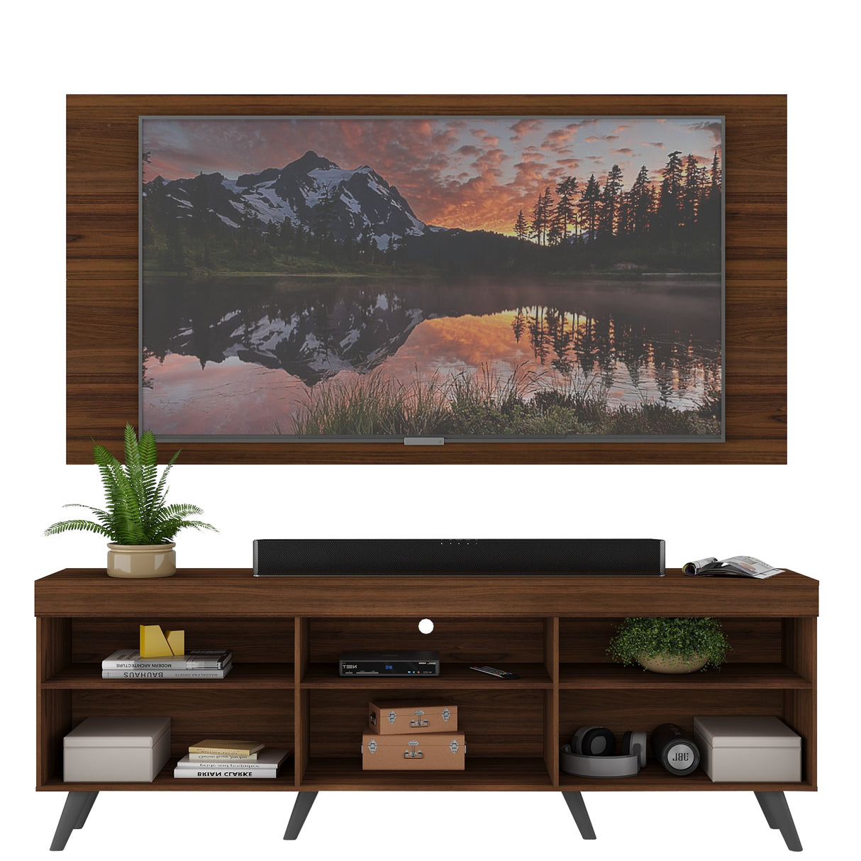 Combo Rack con Panel de Tv Florida Marrón 175x63cm para Tv Hasta 65" Pulgadas con Dos Cajones y con Cuatro Compartimientos - MUEBLES DE TV | Bylmo