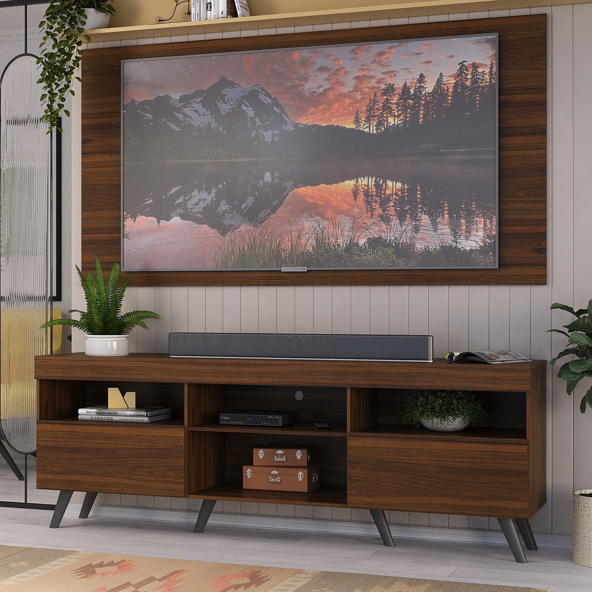 Combo Rack con Panel de Tv Florida Marrón 175x63cm para Tv Hasta 65" Pulgadas con Dos Cajones y con Cuatro Compartimientos - MUEBLES DE TV | Bylmo