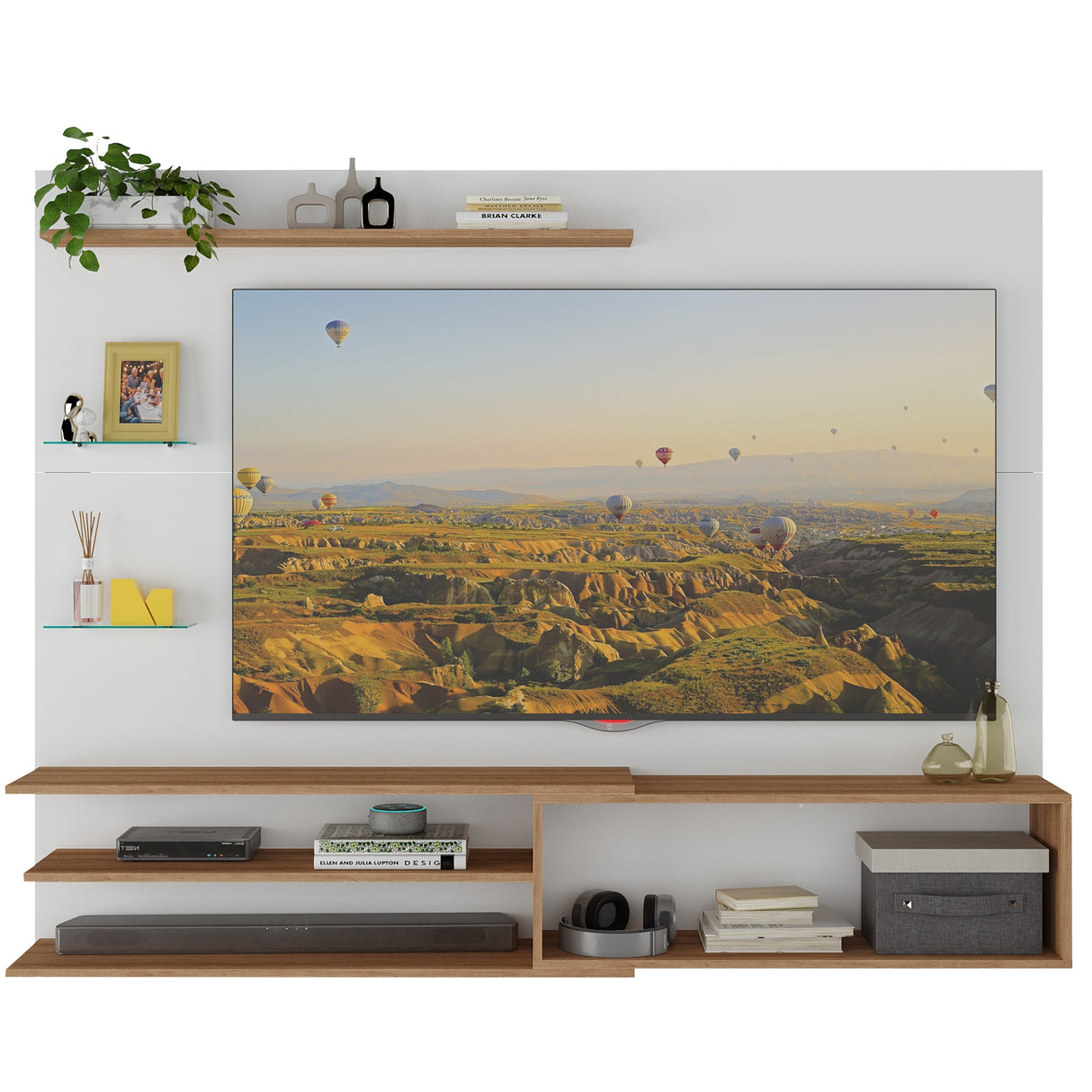 Centro de Entretenimiento Rio Blanco y Marrón 180x141cm para Tv Hasta 65" Pulgadas con Un Cajón y con Cinco Compartimientos - MUEBLES DE TV | Bylmo