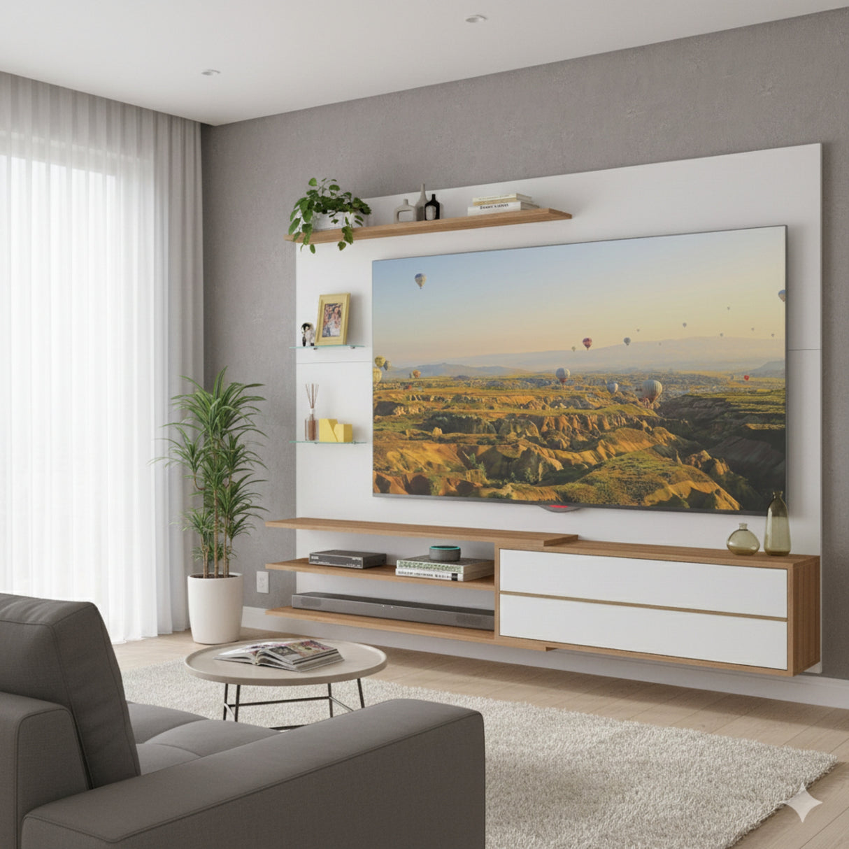 Centro de Entretenimiento Rio Blanco y Marrón 180x141cm para Tv Hasta 65" Pulgadas con Un Cajón y con Cinco Compartimientos - MUEBLES DE TV | Bylmo