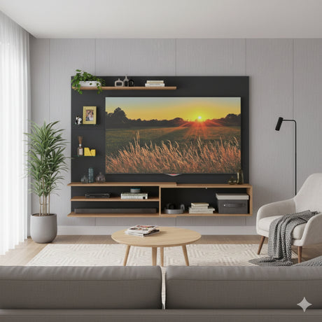 Centro de Entretenimiento Rio Negro y Marrón 180x141cm para Tv Hasta 65" Pulgadas con Un Cajón y con Cinco Compartimientos - MUEBLES DE TV | Bylmo