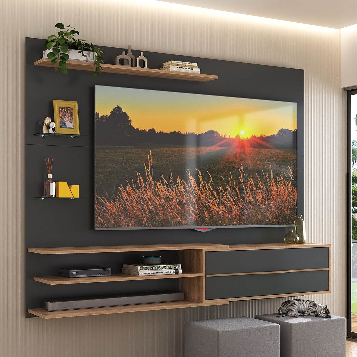 Centro de Entretenimiento Rio Negro y Marrón 180x141cm para Tv Hasta 65" Pulgadas con Un Cajón y con Cinco Compartimientos - MUEBLES DE TV | Bylmo